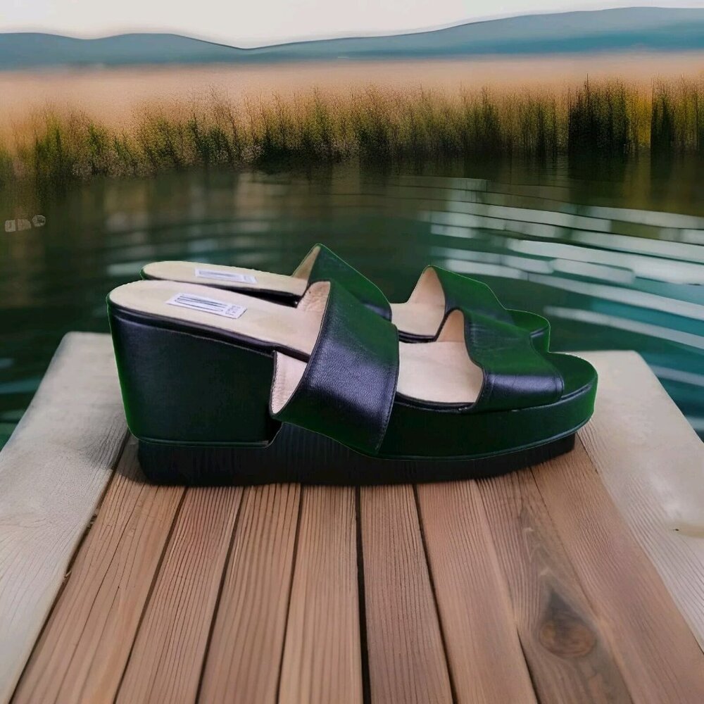 ✅Women's 8.5 CW Clifford & Wills Black Leather Platform Sandals Block Heel Shoes